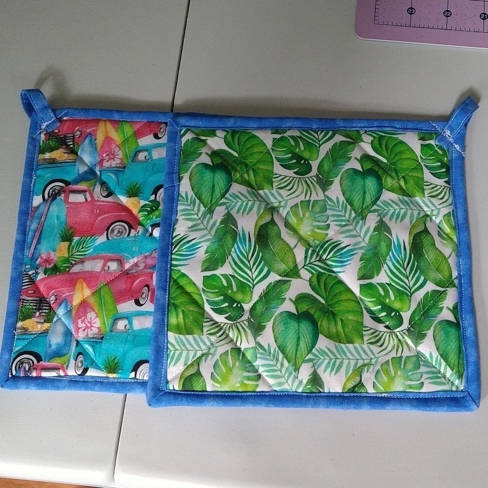 Homemade New truck beach surfboard palm trees themed potholders. Great gifts!!!